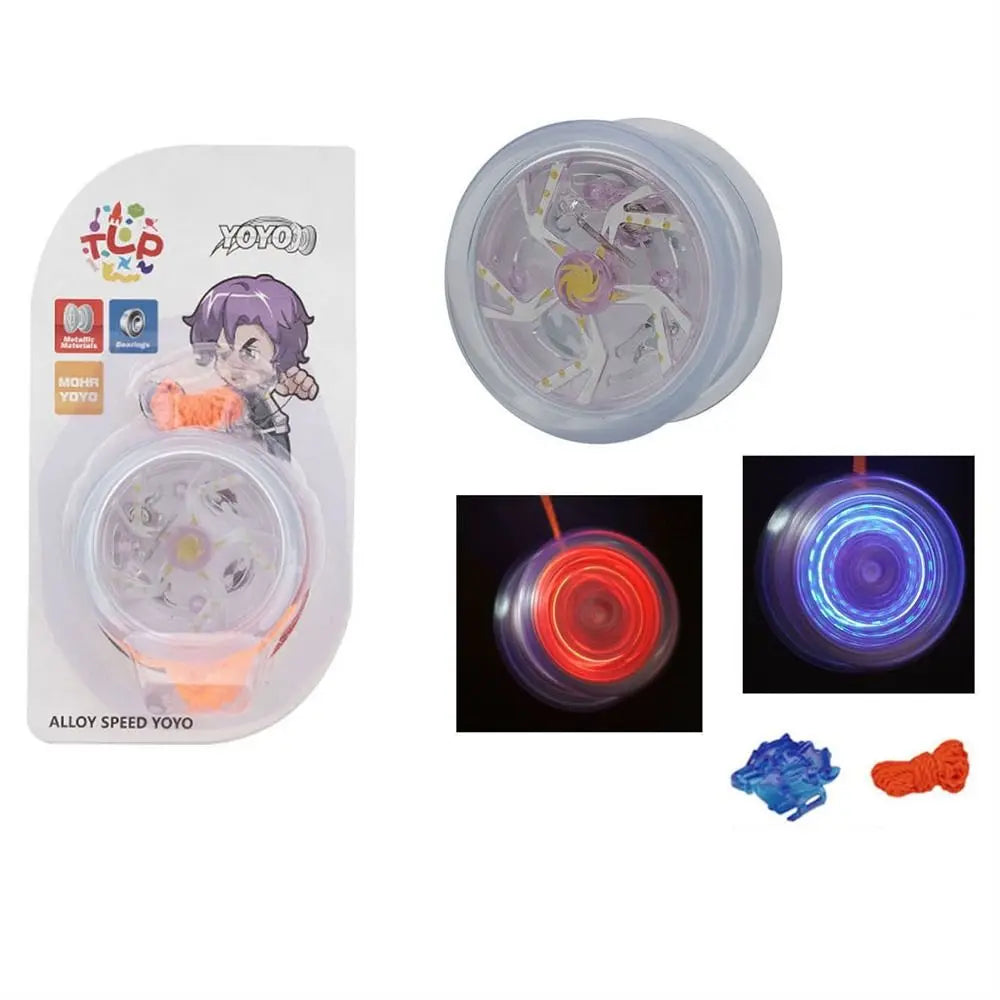 A clear plastic container of a professional aluminum yo-yo with LED lights and a purple character design.