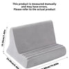 A gray adjustable comfort tablet and phone stand pillow shown from the side with dimensions.