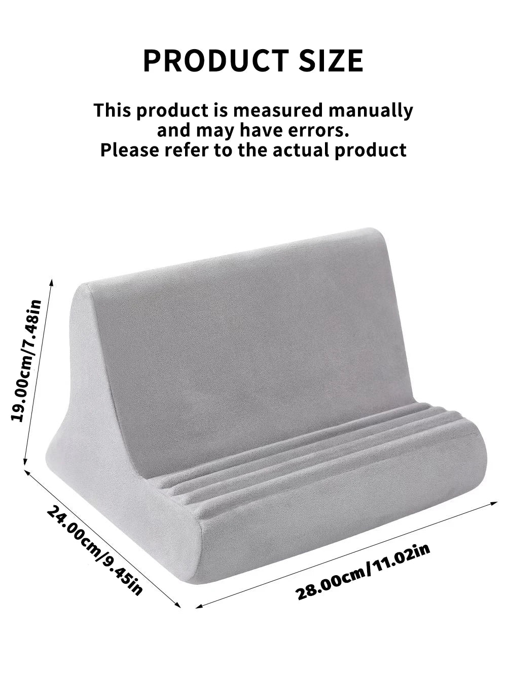 A gray adjustable comfort tablet and phone stand pillow shown from the side with dimensions.