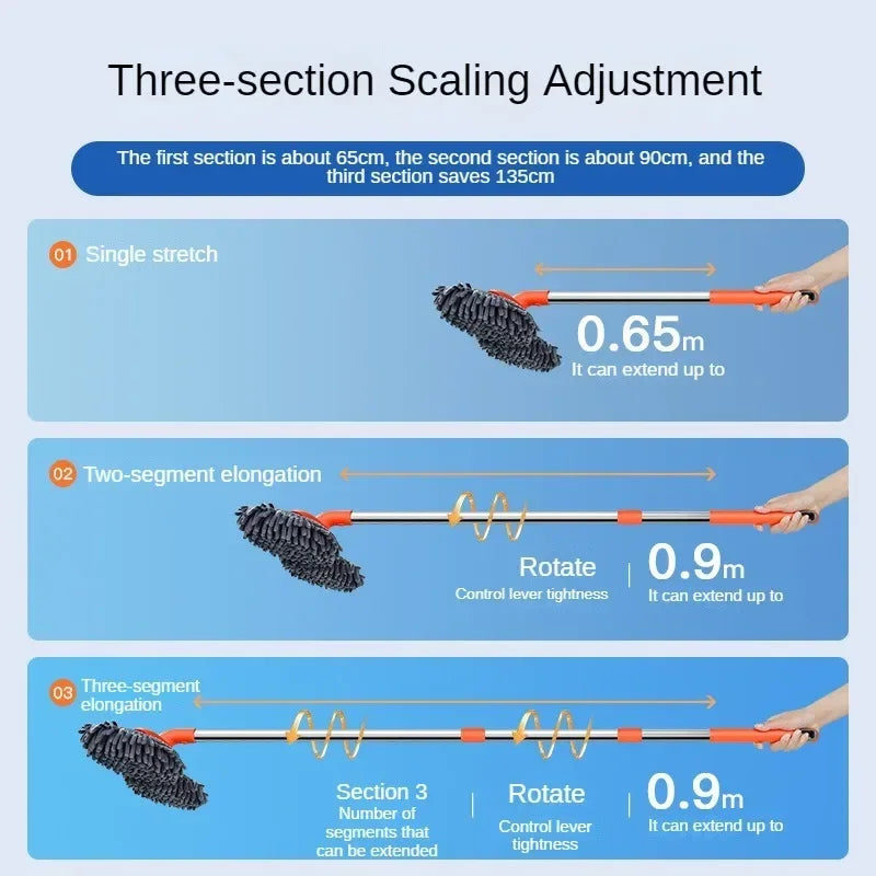 Three-section scaling adjustment for an extendable mop with a dual chenille brush head