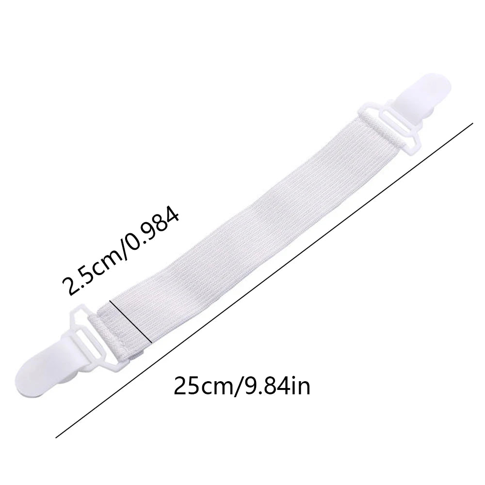 White adjustable bed sheet holder clips shown with dimensions 2.5cm/0.984 and 25cm/9.84in