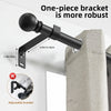 A matte black one-piece bracket is shown attached to a curtain rod, demonstrating its robust design.