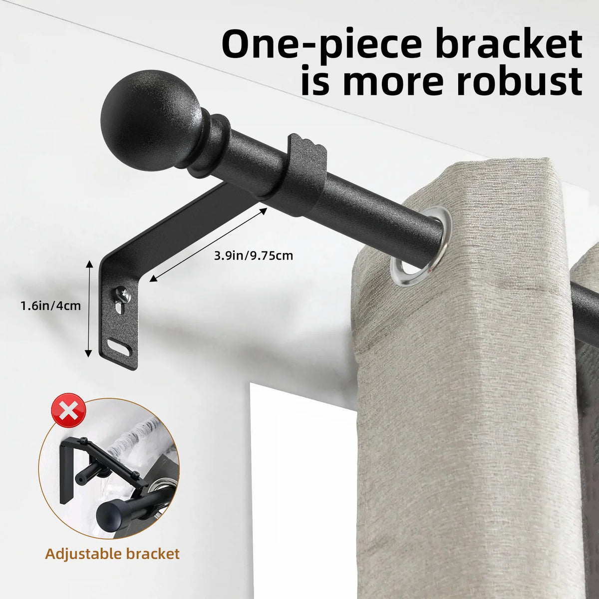 A matte black one-piece bracket is shown attached to a curtain rod, demonstrating its robust design.
