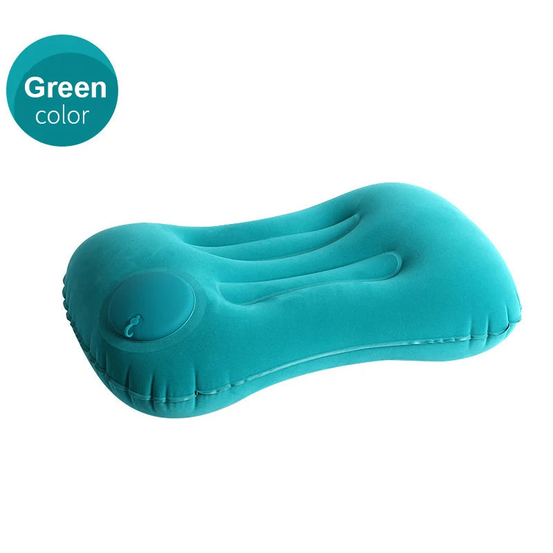 A teal inflatable U-shaped travel neck pillow.