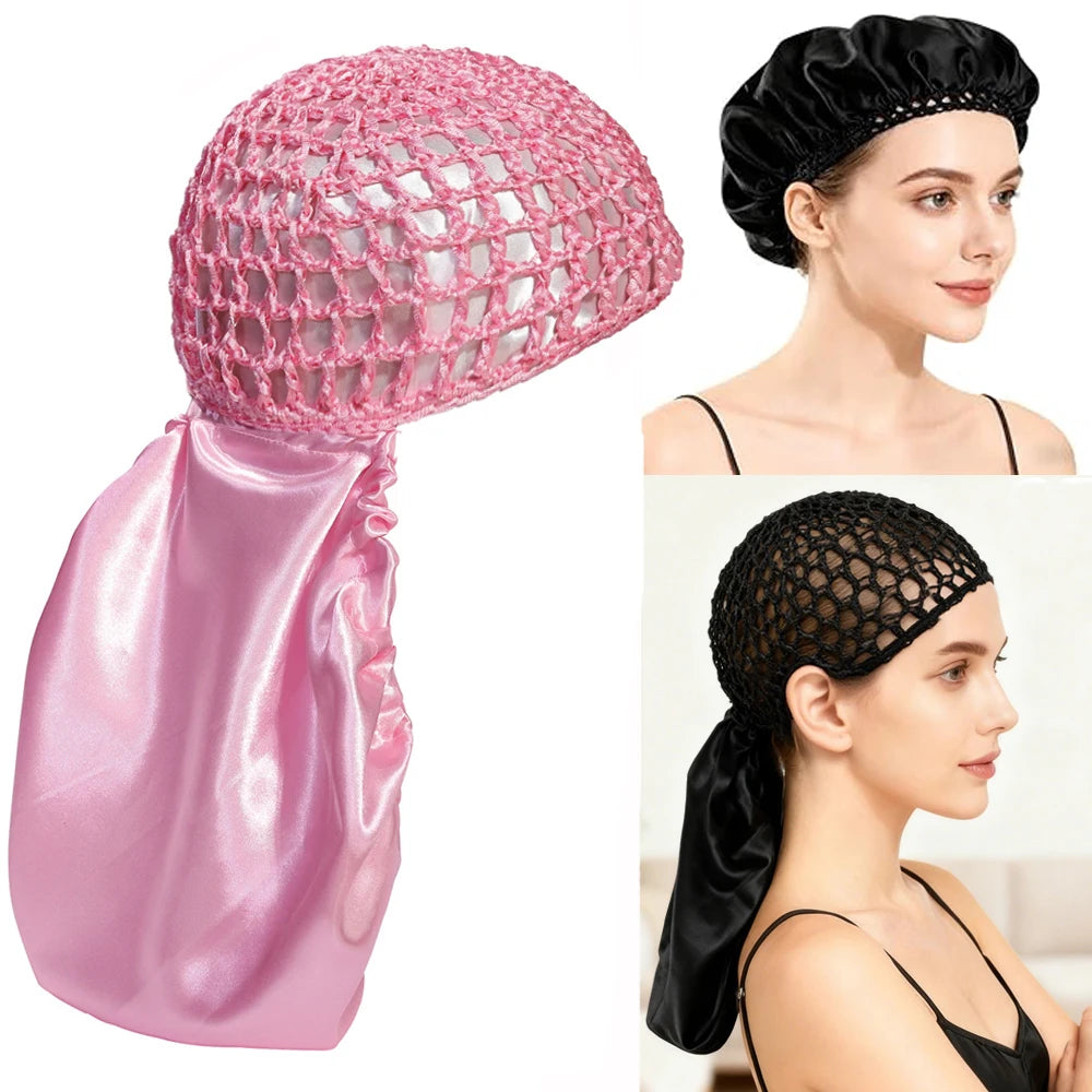 Pink mesh crochet hair net with a satin fabric base shown on a model's head