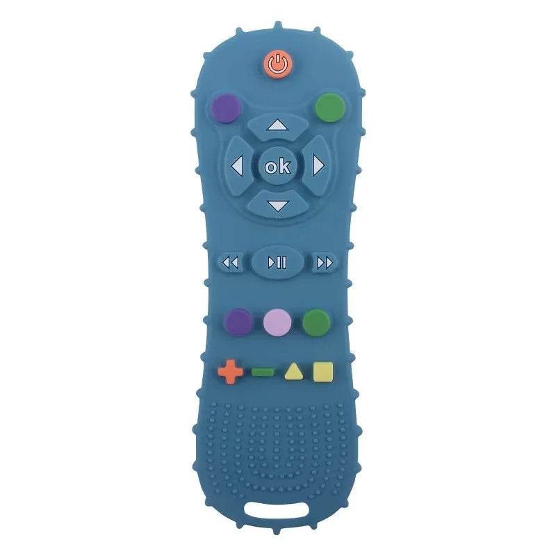 A silicone game controller teether in blue with various buttons and shapes for babies