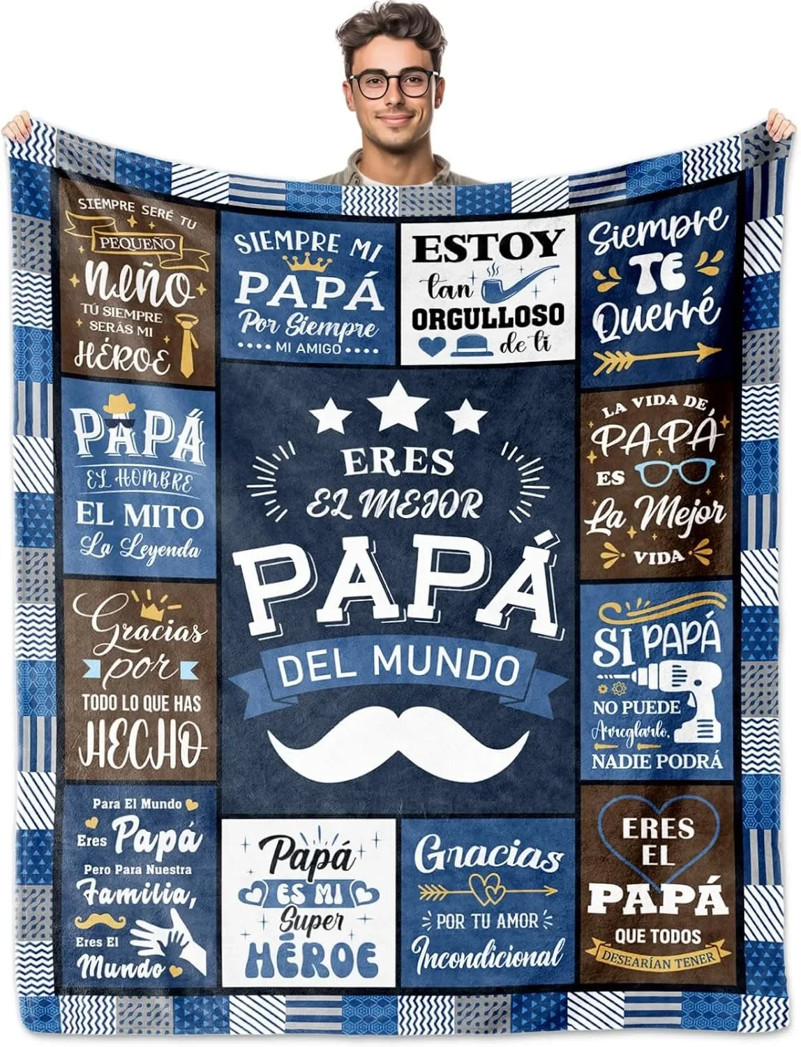 A personalized printed fleece throw blanket featuring a father theme with text like Siempre Mi Papá and eres el mejor papá de