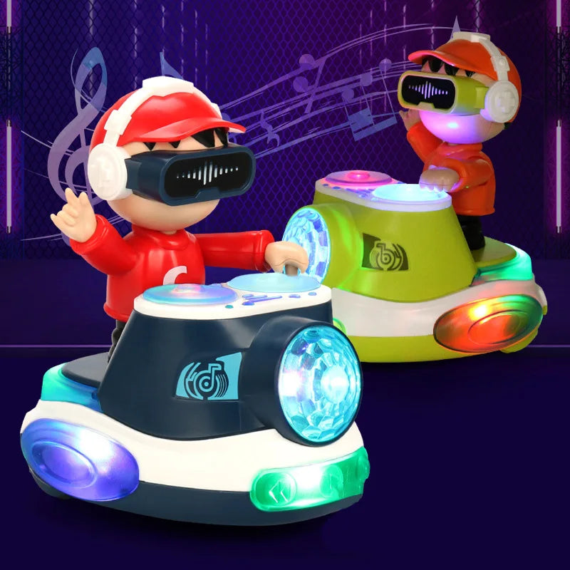 A set of interactive DJ bouncing car toys with lights and music for kids, featuring a red-clad character and a green car.