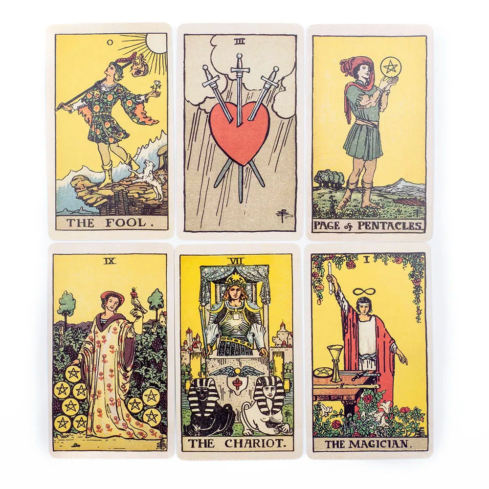 A set of nine classic tarot cards featuring illustrations like The Fool, The Magician, and The Chariot.