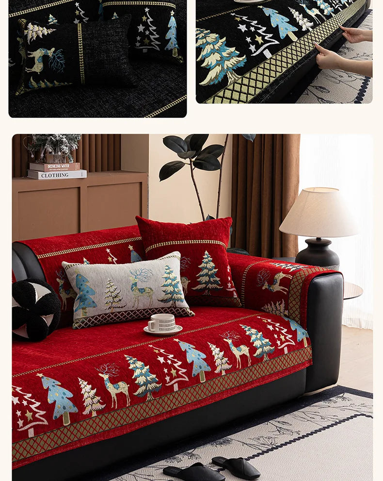 Festive Chenille Christmas Sofa Cover with Deer & Tree Pattern