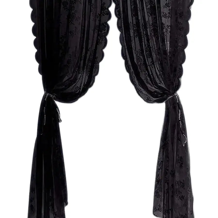 Black Floral Lace Sheer Curtain Panel with Rod Pocket
