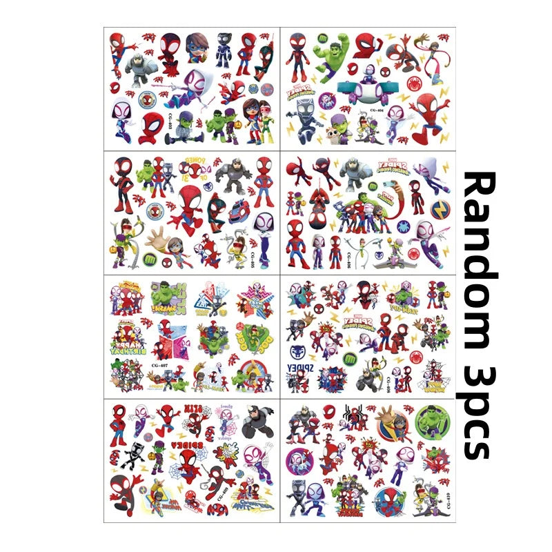 A grid of various Spidey and Friends themed temporary tattoos for kids' parties featuring superheroes and characters.