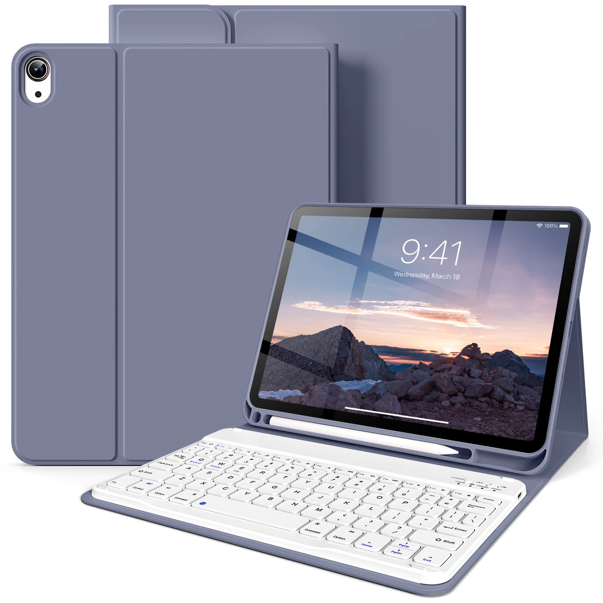 Graues Premium-Leder-iPad-Keyboard-Case mit Tablet und passender Schutzhülle