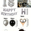 A kit featuring silver and black balloons, foil numbers, heart-shaped balloons, and a large quantity of decorative elements f