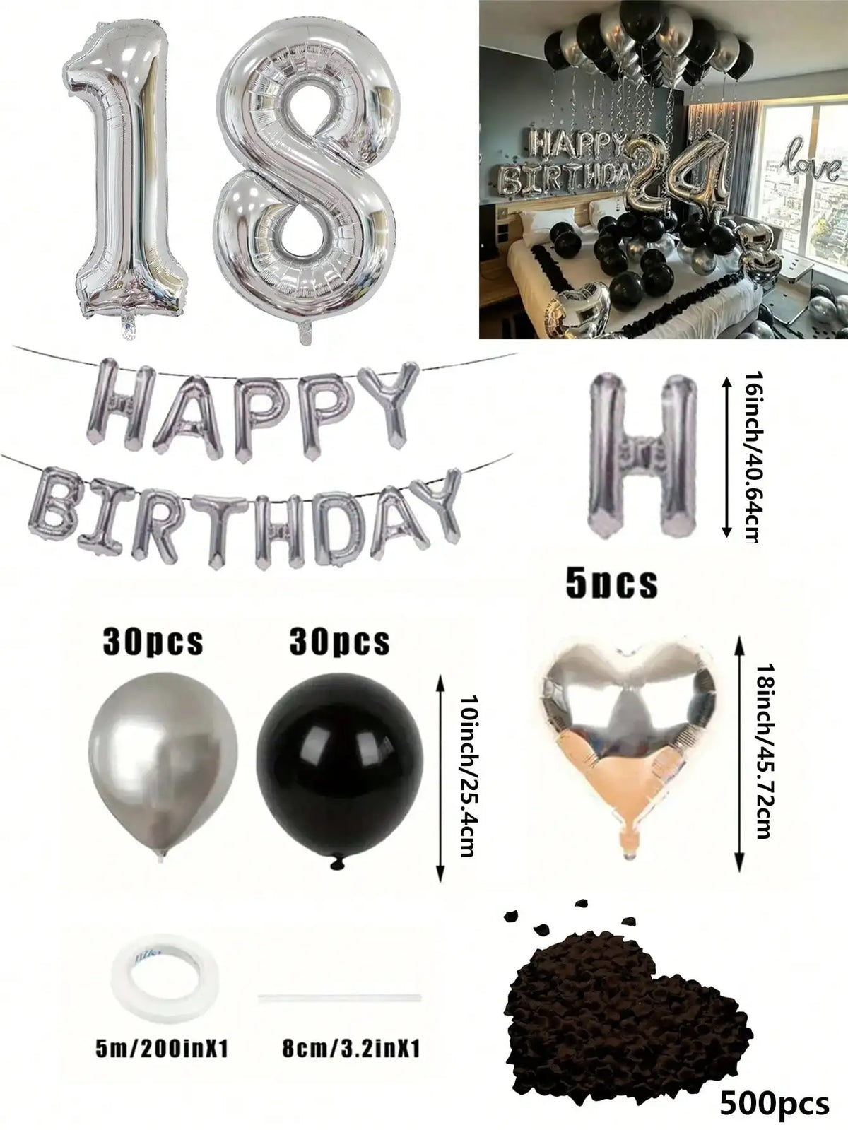 A kit featuring silver and black balloons, foil numbers, heart-shaped balloons, and a large quantity of decorative elements f