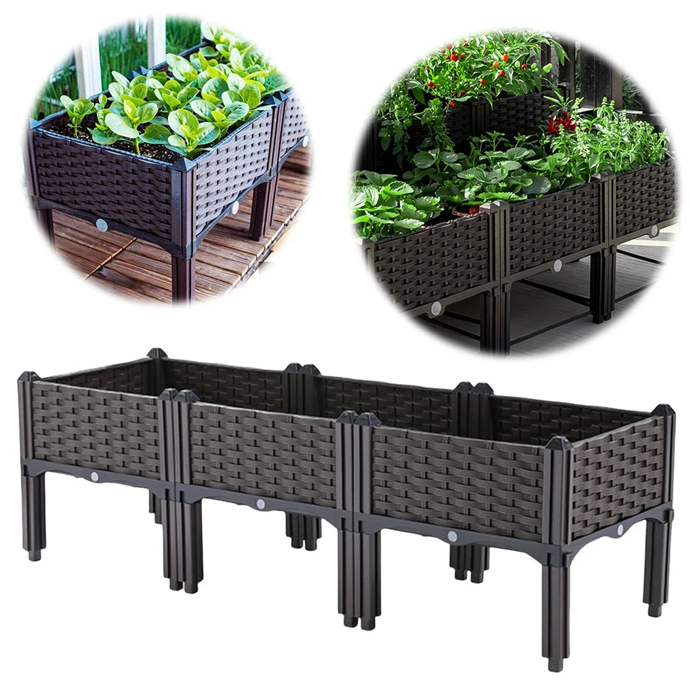 A dark brown plastic raised garden bed with legs, shown in various views including a close-up and an assembled product.