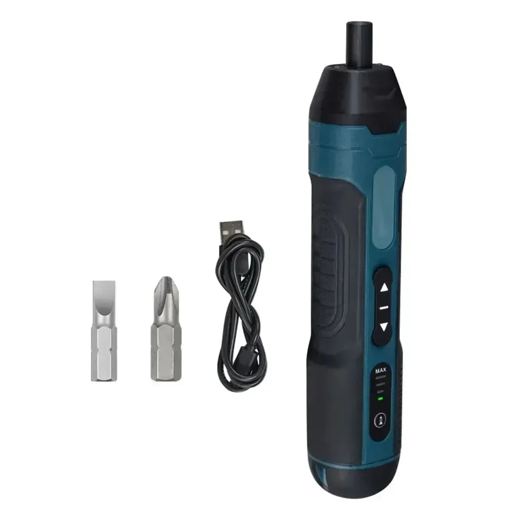 A dark gray and teal compact cordless electric screwdriver with an adjustable torque feature.