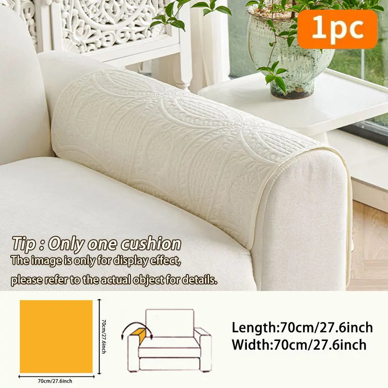 Cream anti-slip sofa cover cushion shown on a white sofa, with dimensions provided.