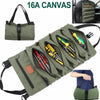 A green canvas roll-up multi-pocket tool organizer bag with various tools visible inside.