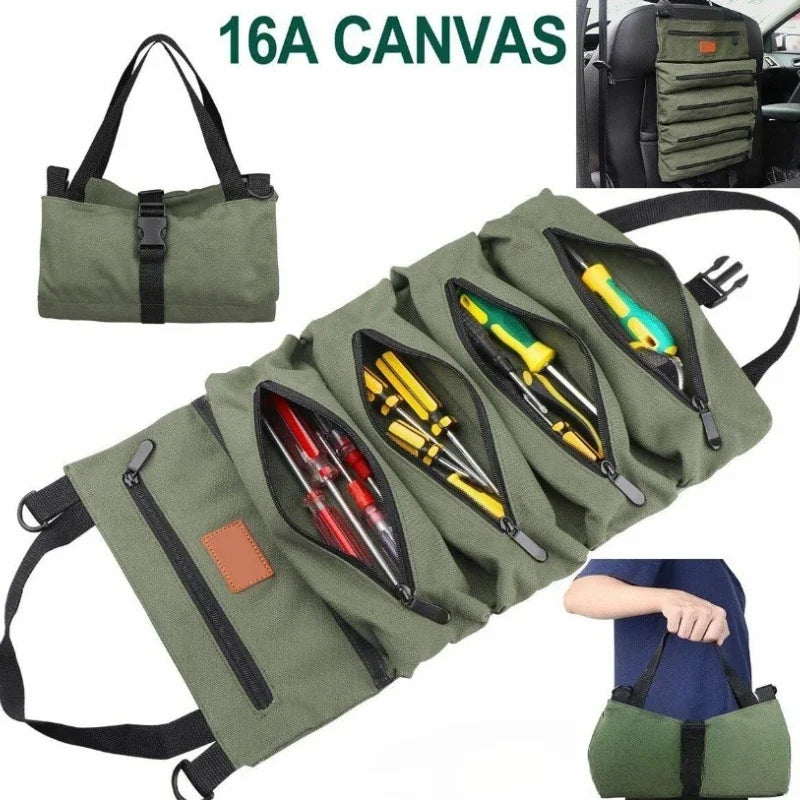 A green canvas roll-up multi-pocket tool organizer bag with various tools visible inside.