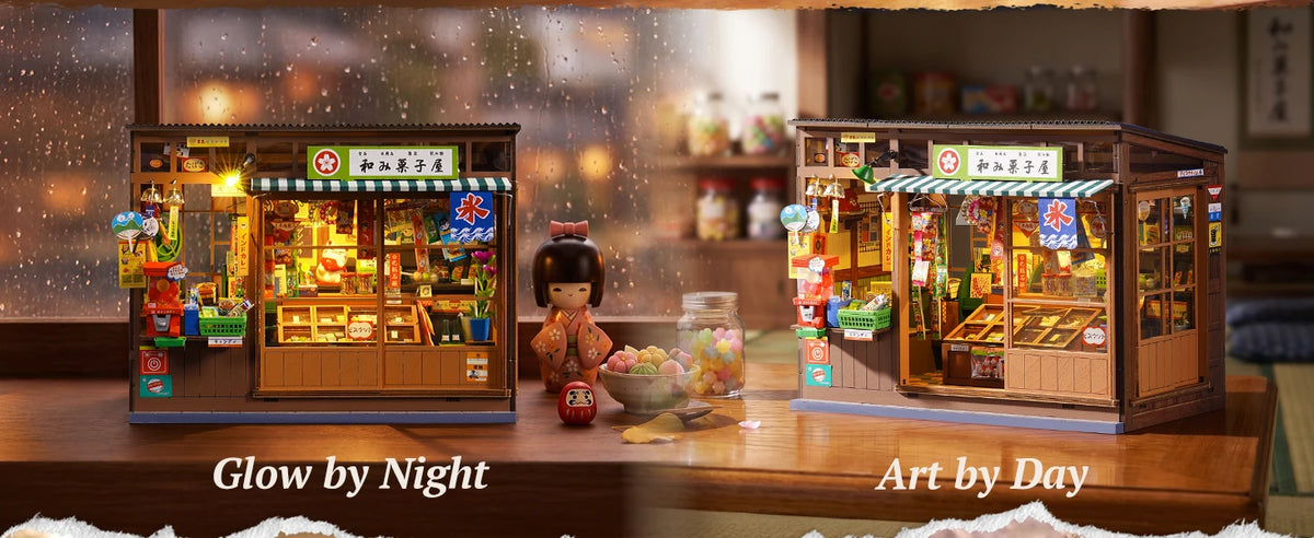 A vintage Japanese corner shop DIY book nook kit featuring detailed miniature displays illuminated by LED lights.