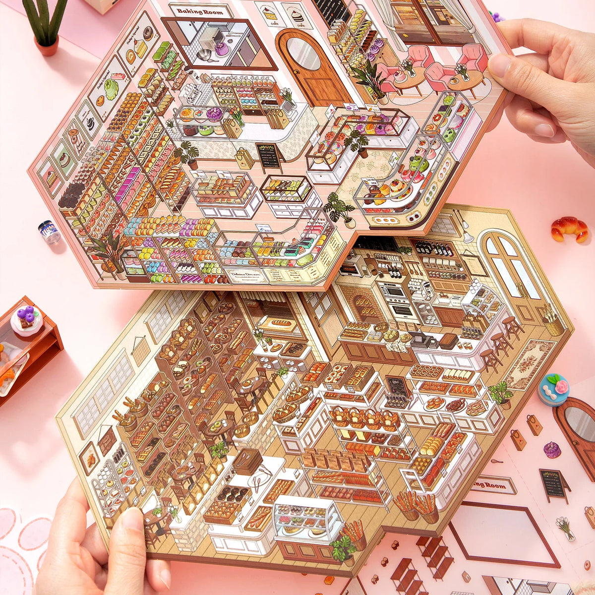 A set of detailed 3D house scene stickers for scrapbooking and DIY crafts featuring various architectural elements and decor.