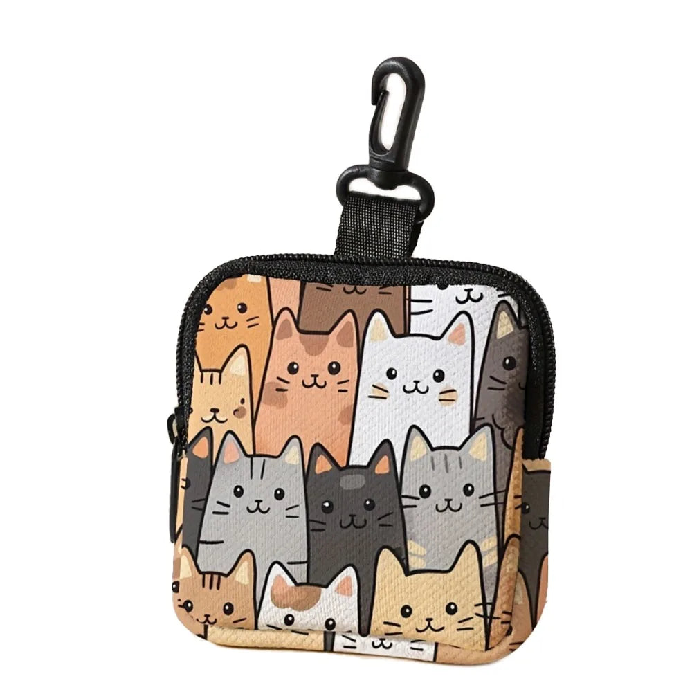 A black mini coin purse featuring a collage of various cat faces in natural tones.