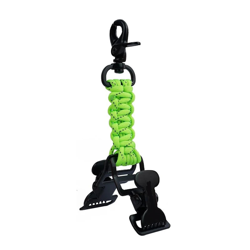 Green braided paracord work glove clip with a carabiner and attached to a black clip.