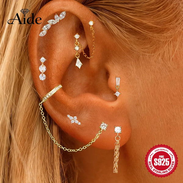 Boucle d'oreille sans perçage en argent sterling 925 avec pendentif chaîne et strass