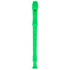 A bright green 8-hole soprano recorder with an attached cleaning rod.