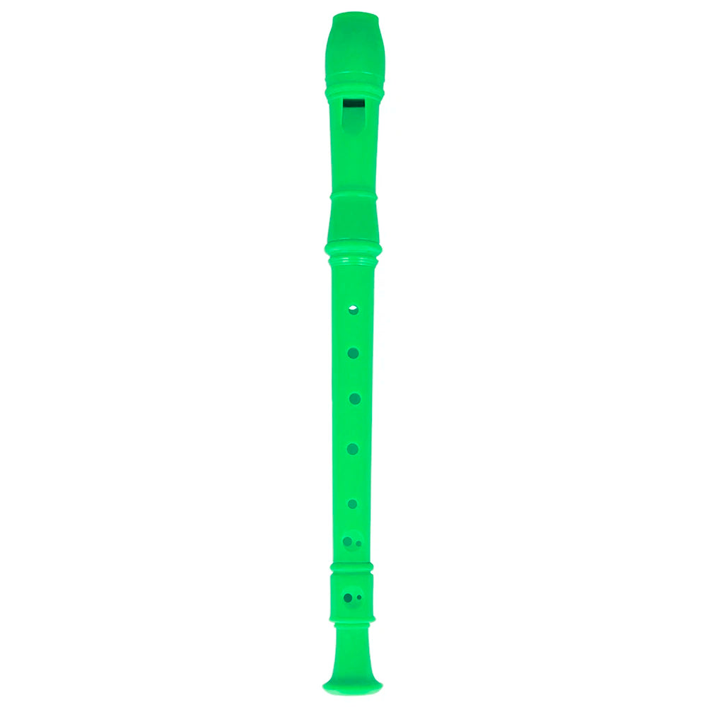 A bright green 8-hole soprano recorder with an attached cleaning rod.