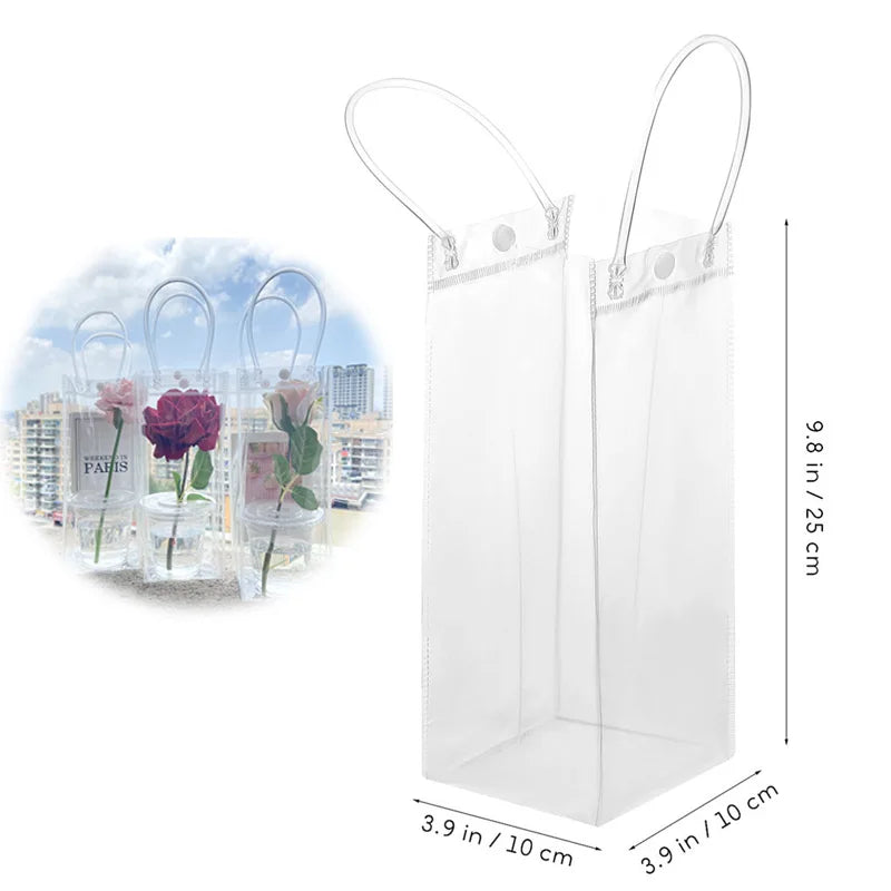 Clear PVC gift tote bags with hand loops, shown standing upright and laid out.