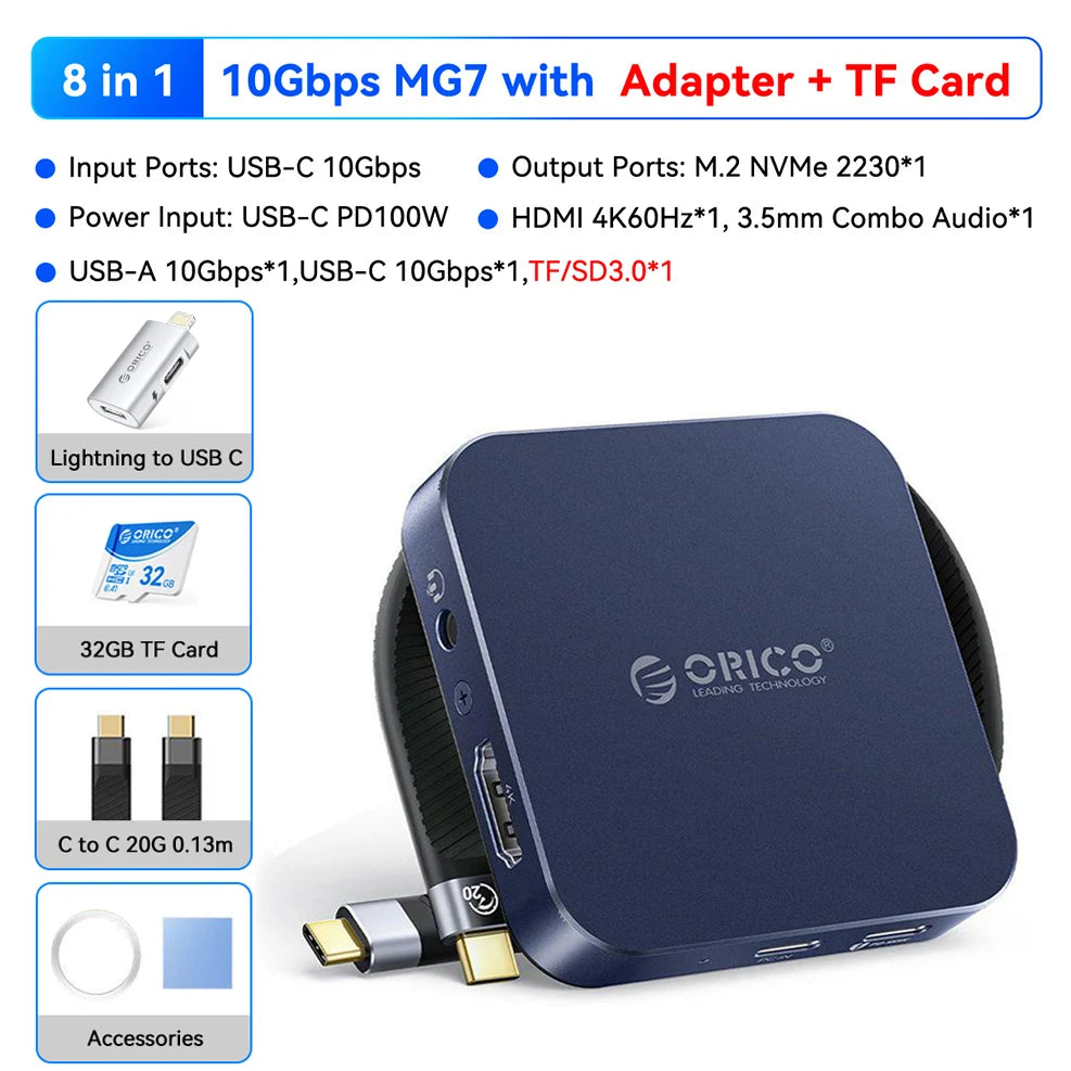 Boîtier NVMe SSD magnétique bleu foncé avec divers ports et un adaptateur.
