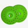 A pair of bright green diamond cutting and grinding blades with perforated edges.