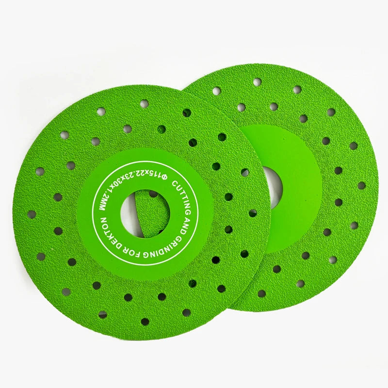 A pair of bright green diamond cutting and grinding blades with perforated edges.