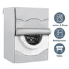 A gray waterproof washing machine cover shown next to icons for an Asher & Dryer, refrigerator, and table.