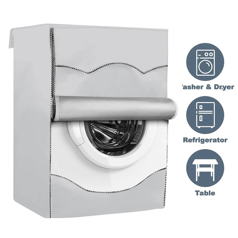 A gray waterproof washing machine cover shown next to icons for an Asher & Dryer, refrigerator, and table.