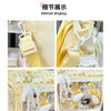 Close-up display of a yellow transparent shoulder bag with white lace trim and gold hardware.