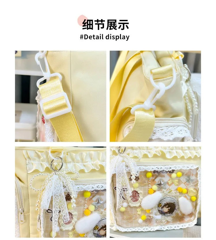 Close-up display of a yellow transparent shoulder bag with white lace trim and gold hardware.