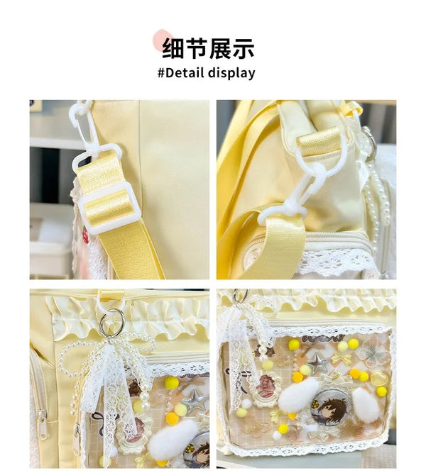 Close-up display of a yellow transparent shoulder bag with white lace trim and gold hardware.