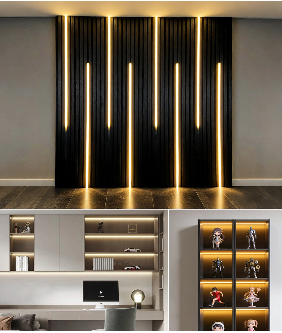 Modern interior featuring vertical black slat wall illuminated by vertical warm LED strip lights.