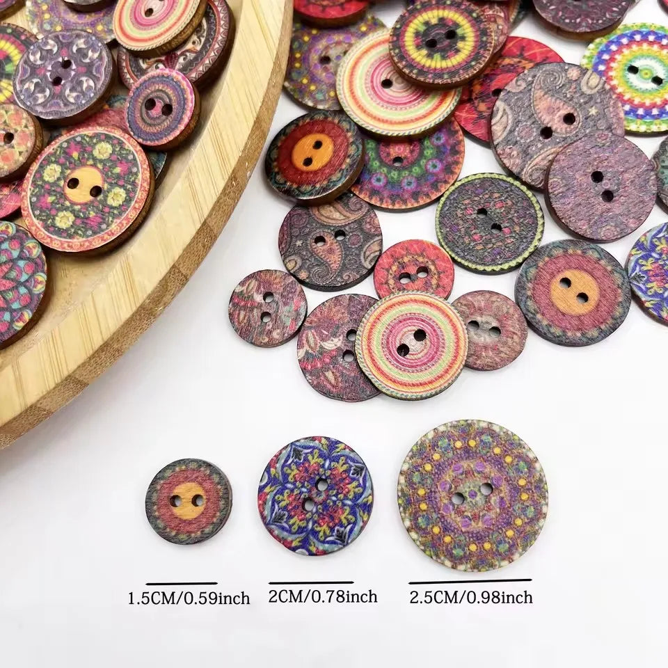 Vintage Wooden Buttons Assortment with Floral Designs