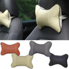 A set of leather knitted car neck pillows in beige, gray, and black showing different headrest support options.