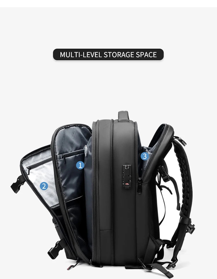 Black expandable travel laptop backpack with vacuum compression features shown from the side.