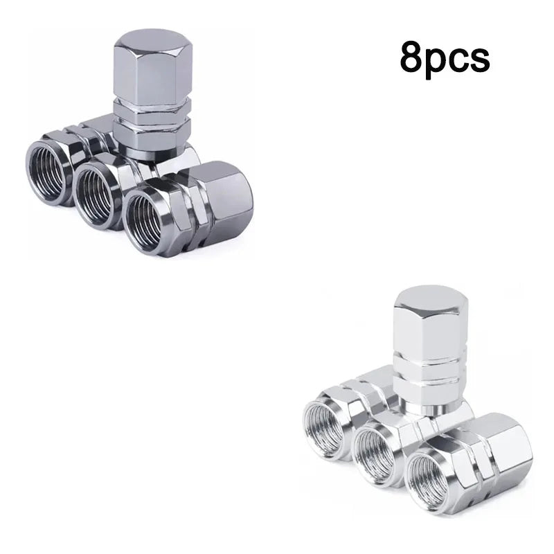 Eight aluminum alloy tire valve caps for cars, motorcycles, trucks, and bikes.