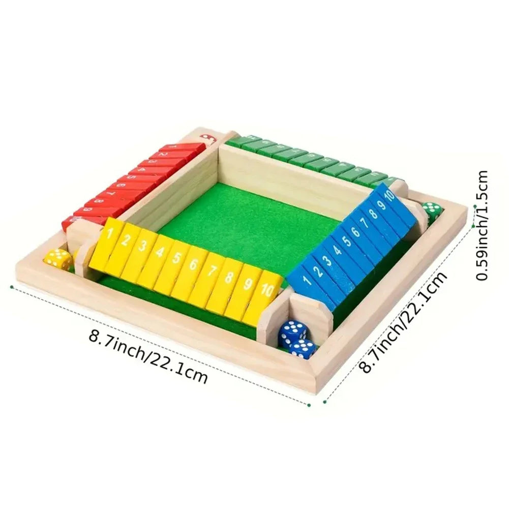 Wooden shut the box dice game with colored wooden blocks arranged in a box structure.