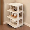 A white stackable vertical shoe rack with four tiers for storing and organizing shoes.