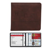 A brown leather slim card holder wallet for vehicle registration, license, and insurance cards.