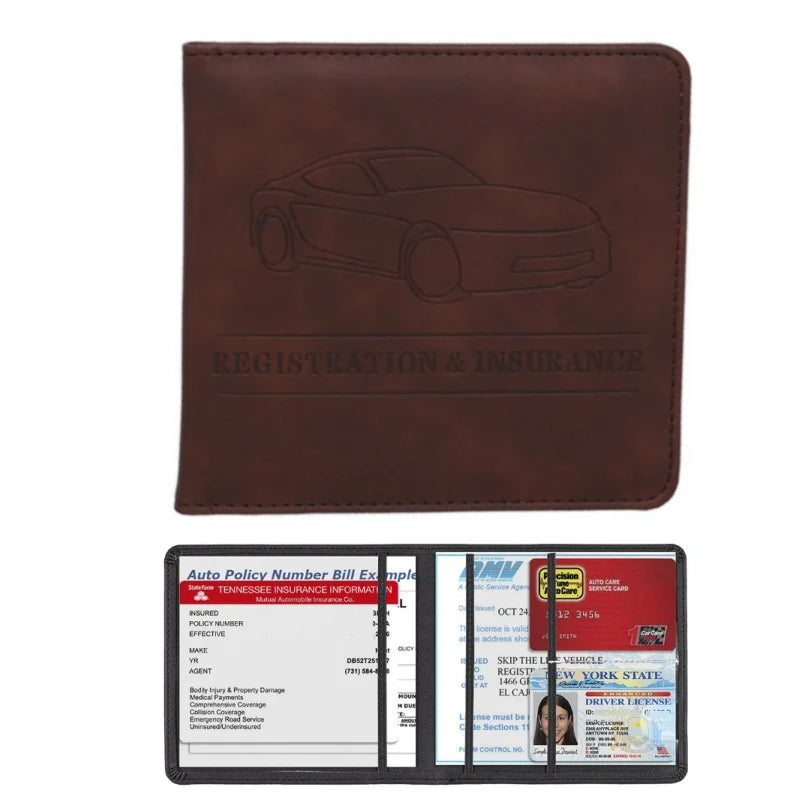 A brown leather slim card holder wallet for vehicle registration, license, and insurance cards.
