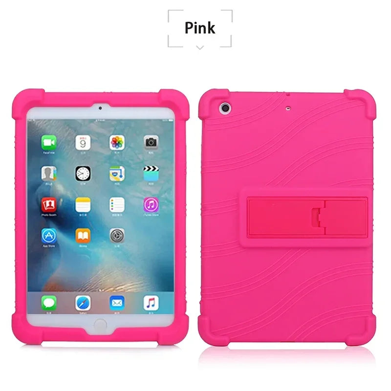A pink silicone protective case with a kickstand for an iPad Mini is shown.